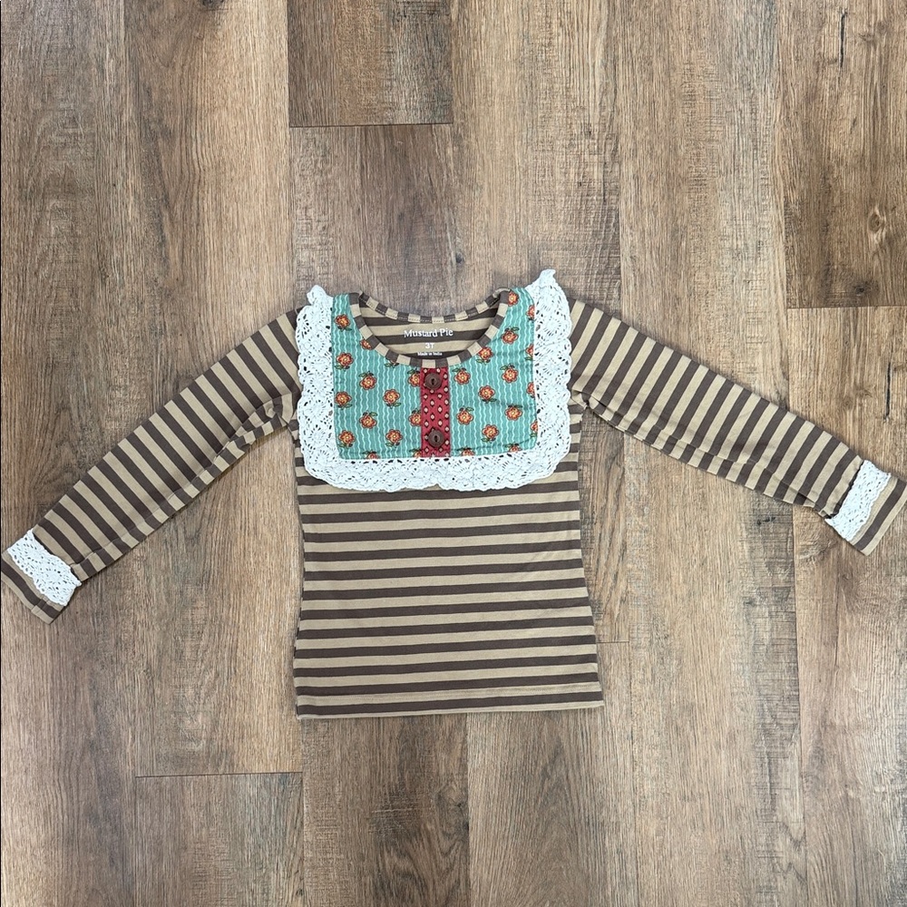 Mustard Pie,Striped Brown Kids Shirt with Lace Detail